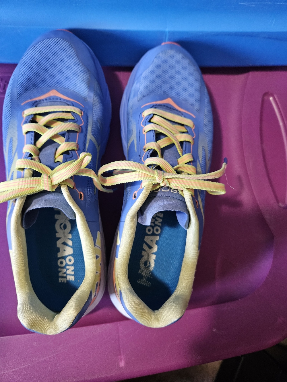 Hoka One One Blue Running Sneakers with Yellow Accents